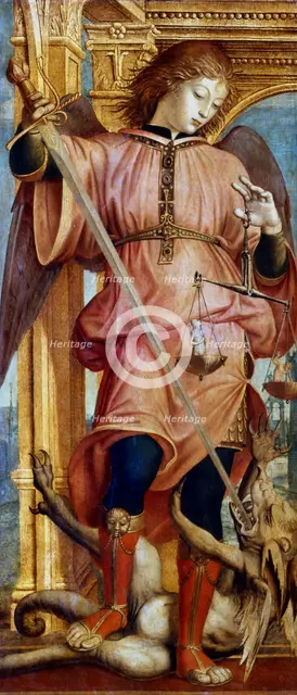 St Michael the Archangel fighting a dragon with a sword, c1484-1526. Artist: Bernardino Zenale