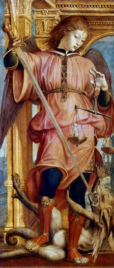 St Michael the Archangel fighting a dragon with a sword, c1484-1526. Artist: Bernardino Zenale