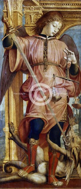 St Michael the Archangel fighting a dragon with a sword, c1484-1526. Artist: Bernardino Zenale