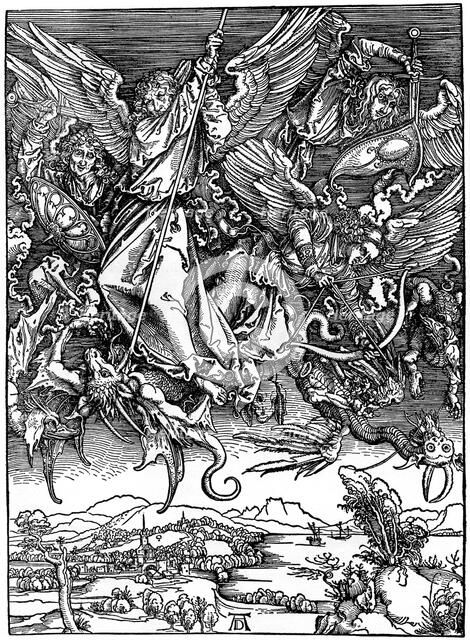 'St Michael Battling with the Dragon', 1498, (1936). Artist: Albrecht Dürer