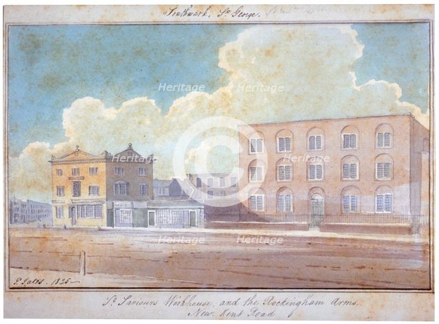 St Saviour's workhouse and the Rockingham Arms Inn, New Kent Road, Southwark, London, 1825. Artist: G Yates