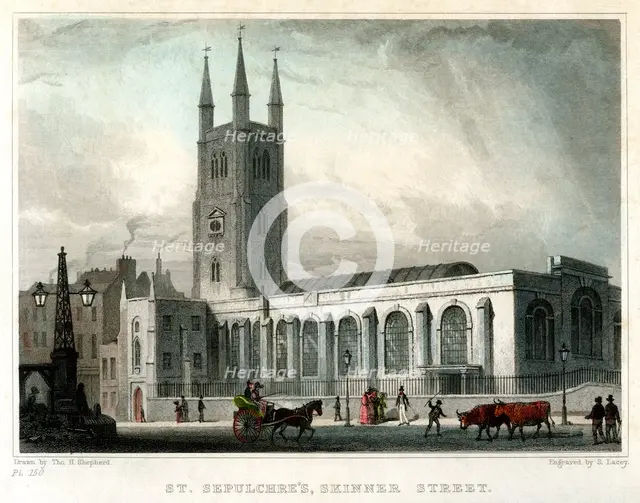 St Sepulchre's Church, Skinner Street, City of London, c1830.Artist: S Lacey