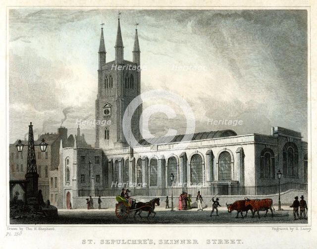 St Sepulchre's Church, Skinner Street, City of London, c1830.Artist: S Lacey