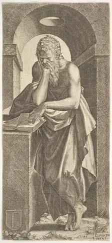 St. Simon standing before an open book with the fingers of his left hand pressed onto the ..., 1545. Creator: Lambert Suavius