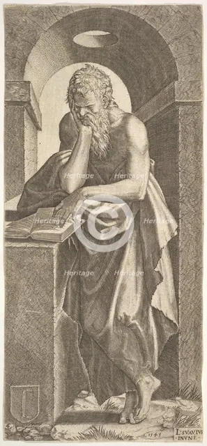 St. Simon standing before an open book with the fingers of his left hand pressed onto the ..., 1545. Creator: Lambert Suavius.
