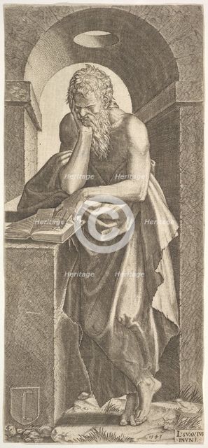 St. Simon standing before an open book with the fingers of his left hand pressed onto the ..., 1545. Creator: Lambert Suavius.