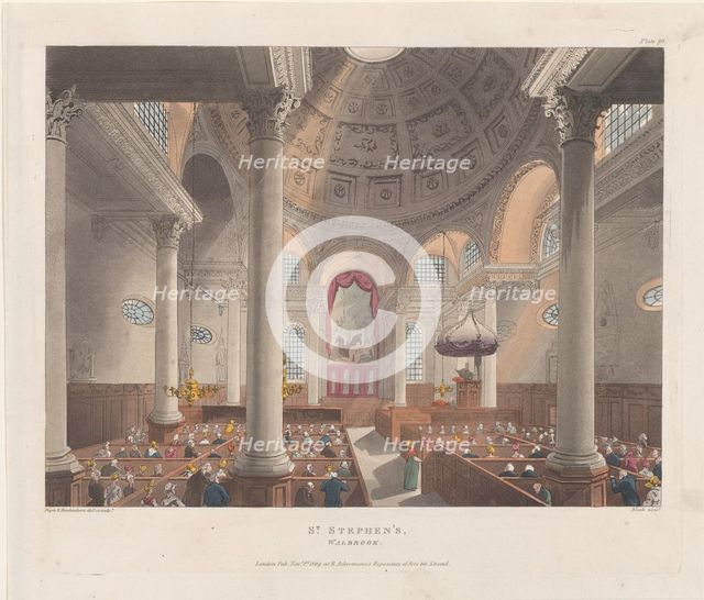 St. Stephen's Walbrook, November 1, 1809., November 1, 1809. Creators: Thomas Rowlandson, Augustus Charles Pugin, J. Bluck.