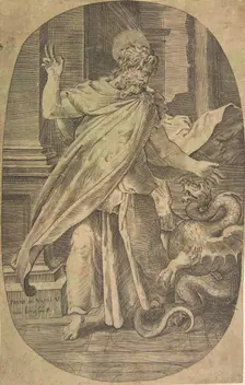 St Paul overcoming the viper, within an architectural setting, an oval composition, ca. 1540-70. Creator: Giulio Bonasone