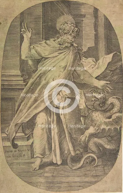 St Paul overcoming the viper, within an architectural setting, an oval composition, ca. 1540-70. Creator: Giulio Bonasone.