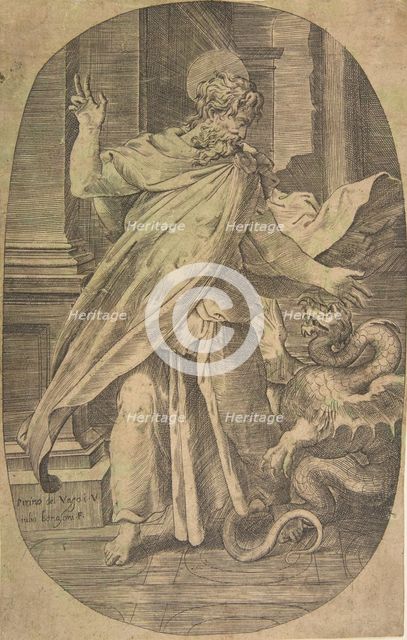 St Paul overcoming the viper, within an architectural setting, an oval composition, ca. 1540-70. Creator: Giulio Bonasone.