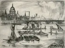 St Paul's Cathedral, Blackfriars Bridge and boats on the River Thames, London, 1914. Artist: E Wilson