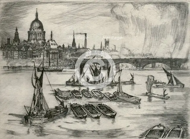 St Paul's Cathedral, Blackfriars Bridge and boats on the River Thames, London, 1914. Artist: E Wilson.