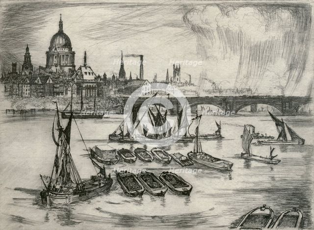 St Paul's Cathedral, Blackfriars Bridge and boats on the River Thames, London, 1914. Artist: E Wilson.