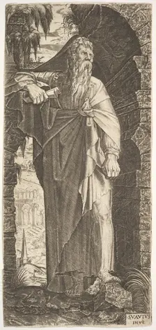 St. Paul standing under an overgrown arch, his left foot poised upon a rock, his right han..., 1545. Creator: Lambert Suavius