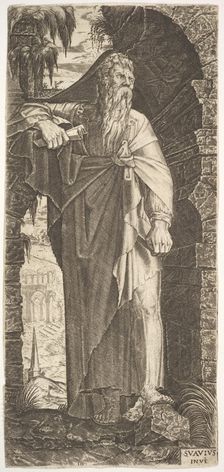 St. Paul standing under an overgrown arch, his left foot poised upon a rock, his right han..., 1545. Creator: Lambert Suavius