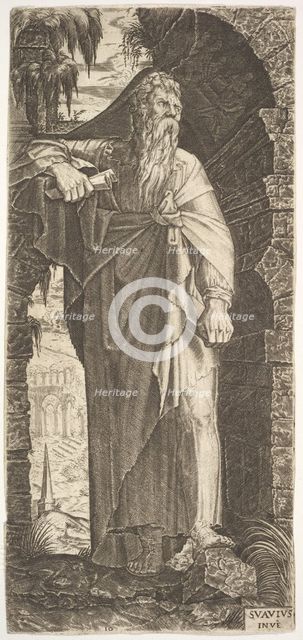 St. Paul standing under an overgrown arch, his left foot poised upon a rock, his right han..., 1545. Creator: Lambert Suavius.