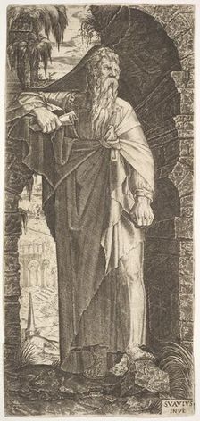 St. Paul standing under an overgrown arch, his left foot poised upon a rock, his right han..., 1545. Creator: Lambert Suavius