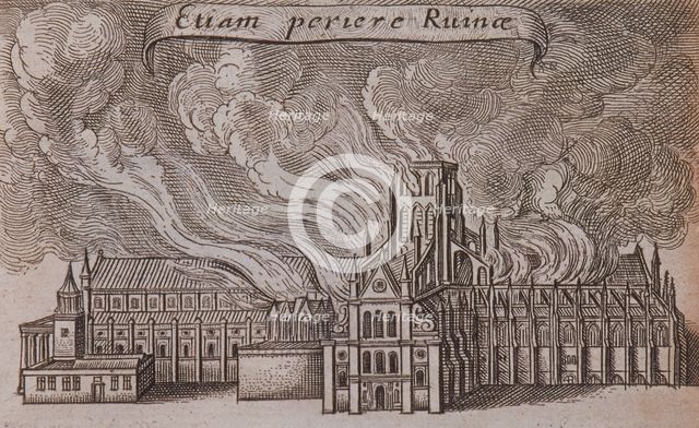 St Paul's Cathedral (old), London, on fire, 1666. Artist: Wenceslaus Hollar