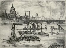 St Paul's Cathedral, Blackfriars Bridge and boats on the River Thames, London, 1914. Artist: E Wilson