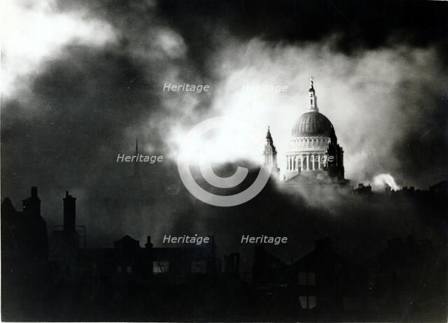 St Paul's Cathedral, London, during the Blitz, World War II, 29 December 1940. Artist: Unknown