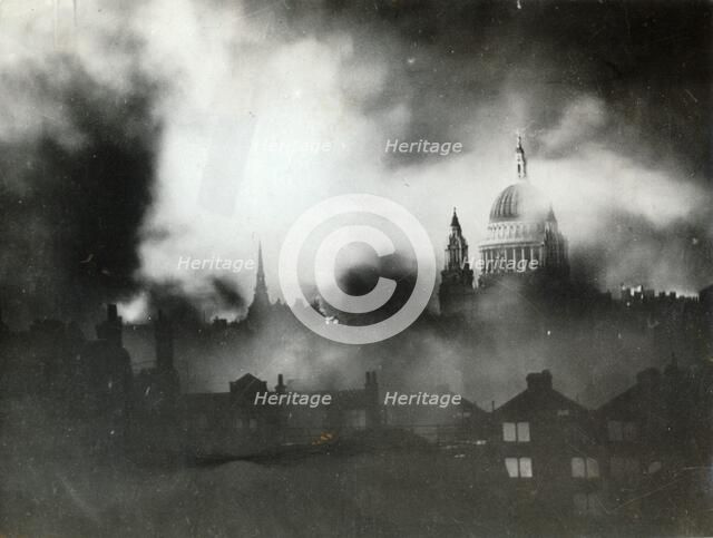 St Paul's Cathedral, London, during the Blitz, World War II, 29 December 1940. Artist: Unknown