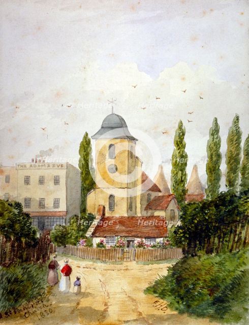 St Pancras Old Church and the Adam and Eve Tavern, London, 1830.                           Artist: EH Dixon