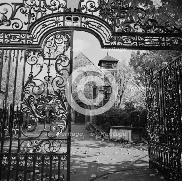 St Pancras Old Church viewed through the gateway leading into St Pancras Gardens, 1960-72. Creator: John Gay.