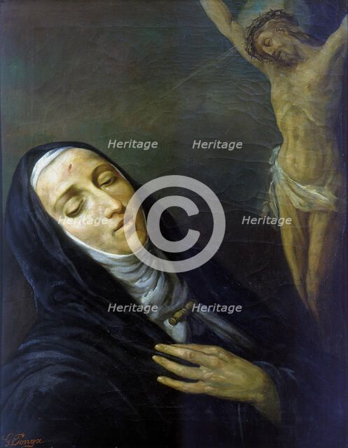 St Rita de Cascia in ecstasy in front of the figure of Christ on the cross, 19th century. Artist: Anon