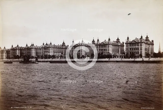 St Thomas's Hospital, Lambeth: exterior seen from across the Thames. Creator: Unknown.