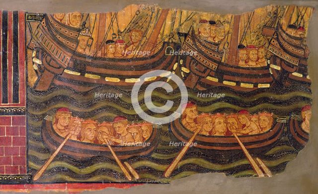 St. Ursula and the Virgins in their journey to Rome in sailing and rowing boats. Detail of a tabl…