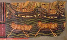 St. Ursula and the Virgins in their journey to Rome in sailing and rowing boats. Detail of a tabl…