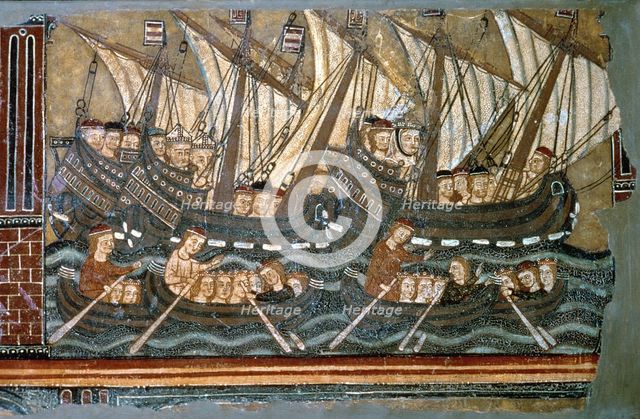 St. Ursula and the Virgins in his journey to Rome in sailing and rowing boats, fragment of a tabl…
