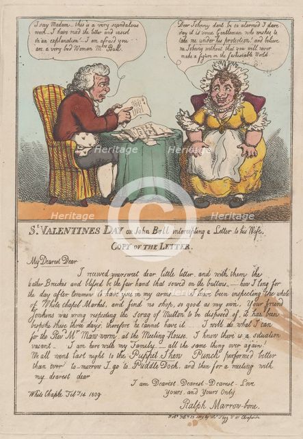 St. Valentine's Day or John Bull intercepting a Letter to his Wife, February ..., February 23, 1809. Creator: Thomas Rowlandson.