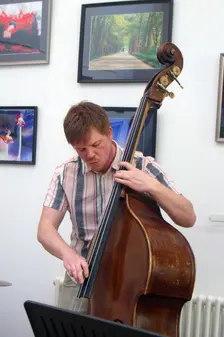 Stuart Barker, Stuart Henderson Quartet, Clocktower Cafe Jazz Club, Croydon, London, April 2025. Creator: Brian O'Connor