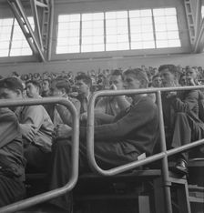 Student audience listening to Peace Day address of General Smedley Butler, Berkeley, CA, 1939. Creator: Dorothea Lange