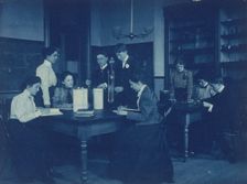 Students conducting electrical experiments with batteries, Western High..., Washington DC, (1899?). Creator: Frances Benjamin Johnston