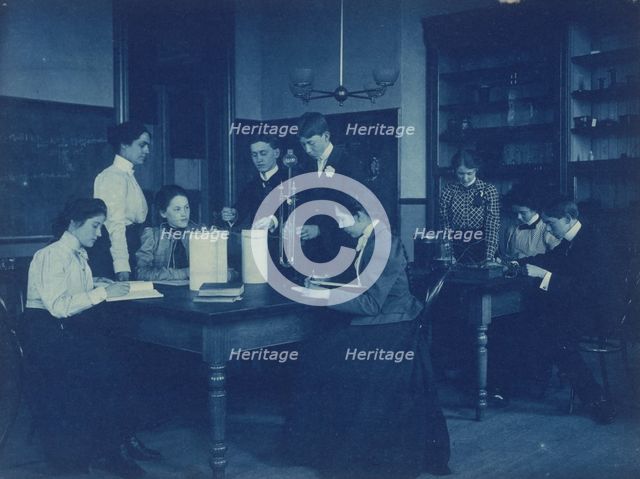 Students conducting electrical experiments with batteries, Western High..., Washington DC, (1899?). Creator: Frances Benjamin Johnston.