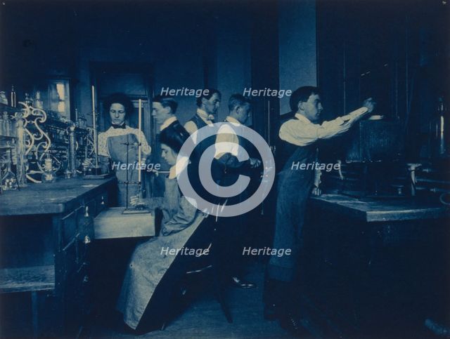 Students conducting experiments in laboratory, Western High School, Washington, D.C., (1899?). Creator: Frances Benjamin Johnston.