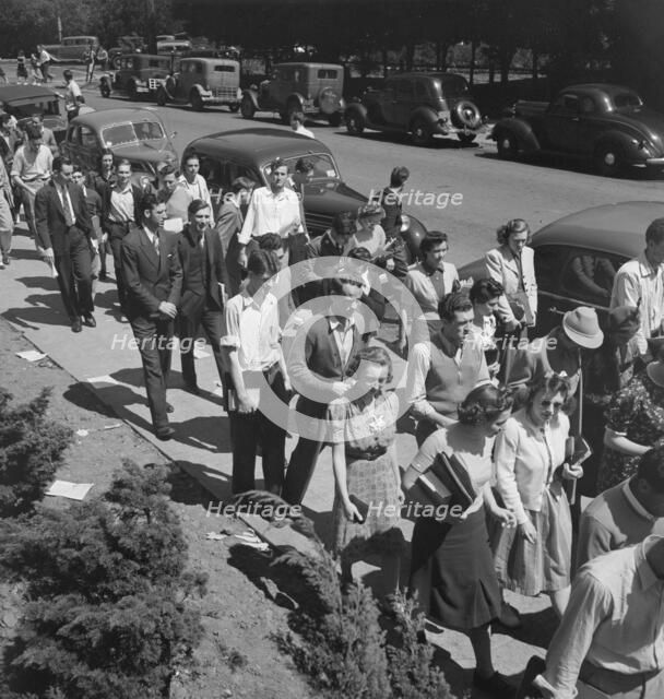 Students assembling for Peace Day address of General Smedley Butler, Berkeley, CA, 1939. Creator: Dorothea Lange.