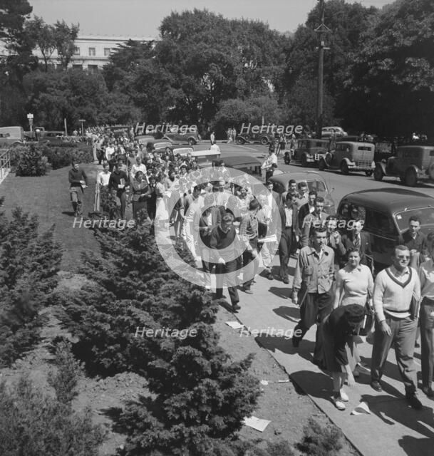 Students assembling for Peace Day address of General Smedley Butler, Berkeley, CA, 1939. Creator: Dorothea Lange.
