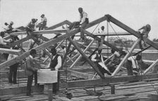 Students framing the roof of a large building, 1904. Creator: Frances Benjamin Johnston
