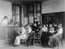 Students in a chemistry class observing others conducting an experiment...Washington DC, (1899?). Creator: Frances Benjamin Johnston