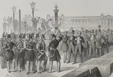 Students on the Pont de la Concorde in front of the troops, French Revolution of 1848, Paris, 1856. Creator: Dujardin