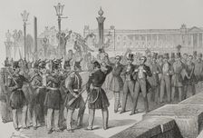 Students on the Pont de la Concorde in front of the troops, French Revolution of 1848, Paris, 1856. Creator: Dujardin