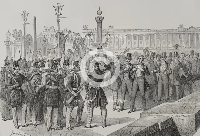 Students on the Pont de la Concorde in front of the troops, French Revolution of 1848, Paris, 1856.  Creator: Dujardin.