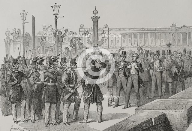 Students on the Pont de la Concorde in front of the troops, French Revolution of 1848, Paris, 1856.  Creator: Dujardin.