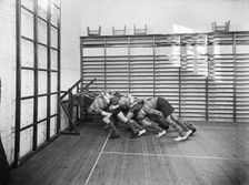Students practicing rugby scrummaging, Launceston College, Cornwall, 1930s. Artist: Marshall Keene and Company