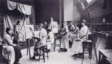 Students working from the life in the Ladys Painting School. Creator: Unknown