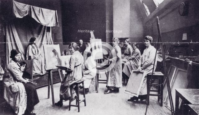 Students working from the life in the Ladys Painting School. Creator: Unknown.