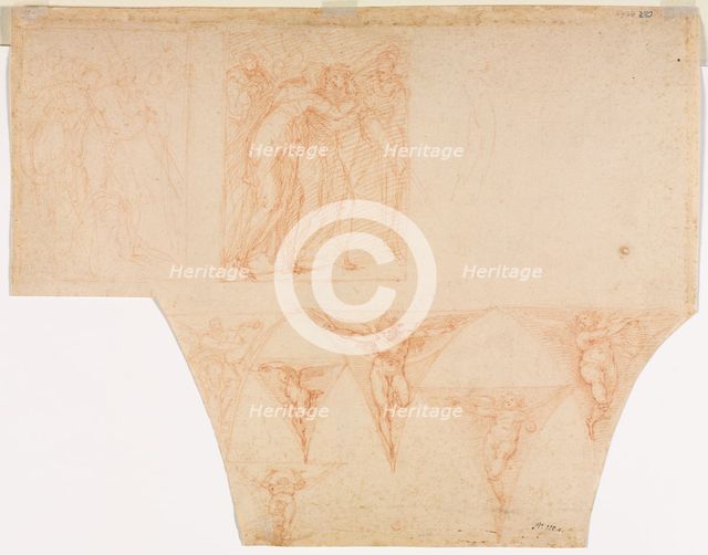 Studies for Christ Meeting His Mother..., Studies of an Angel in a Pendentive (verso), 1599/1604. Creator: Cristoforo Roncalli (Italian, 1552-1626).